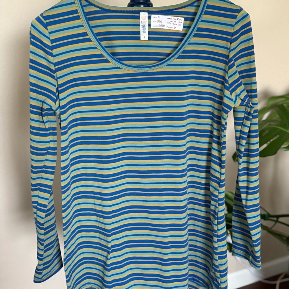 LuLaRoe Striped Blue, Mint, & Gold/Tan Women's LS Top, Size Small